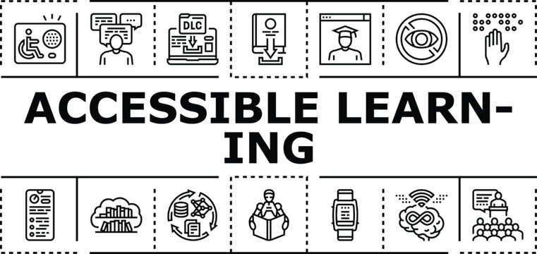 Accessible learning banner infographic. Accessibility words, readable only, duplicate produce icon vector illustration