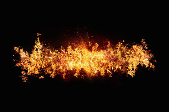 Fire embers particles over black background. Fire sparks background. Abstract dark glitter fire particles lights. Design banner with copy space.