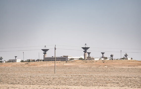 Legendary "Saturn" tracking complex at the Baikonur Cosmodrome; ground-based telemetry and communications station in the wild steppes of Kazakhstan