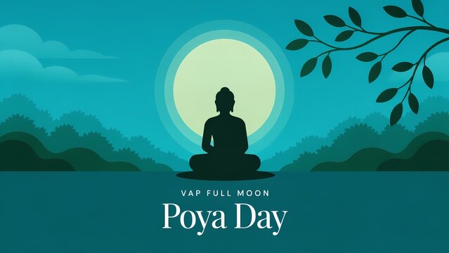 Buddha silhouette meditating in front of a bright full moon for vap poya day celebration
