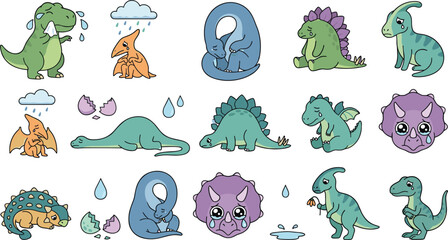 Cute Sad Dinosaur Vector Set with Crying Baby Dino Characters Triceratops Stegosaurus Pterodactyl and Tyrannosaurus Rex Stickers for Kids Education Graphic Designs © Rajiya