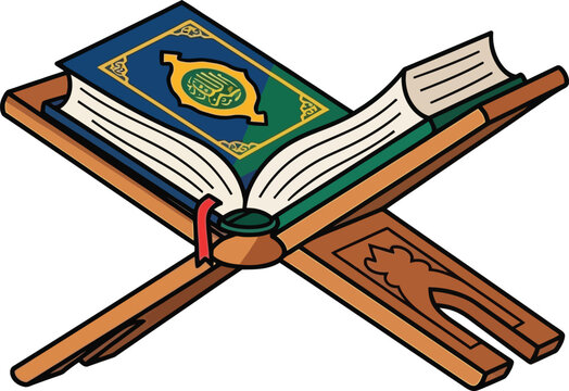 Open quran on wooden rehal stand for islamic religious study with religion