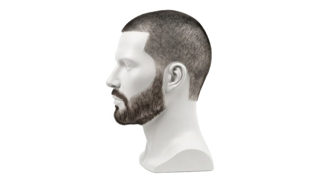 Male mannequin head with buzz cut and beard, profile view of barber training model, white plastic bust with realistic facial hair and short hair