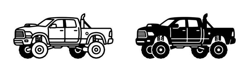 Monster Truck Icons, Off-Road Vehicle Vector Graphics, Lifted Pickup Truck Silhouettes for Automotive Design and Transportation Themes © Rezbi