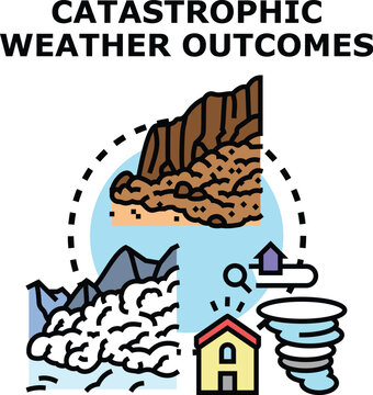 Catastrophic weather outcomes concept icon illustrating natural disasters like landslides, avalanches, and tornadoes impacting a house and community