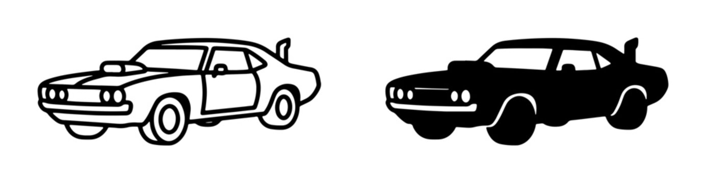 Muscle Car Icons: Vintage Sports Vehicle Silhouette, Retro Automotive Design, Classic American Auto Outline, Black and White Vector Set for Transportation and Speed Themes