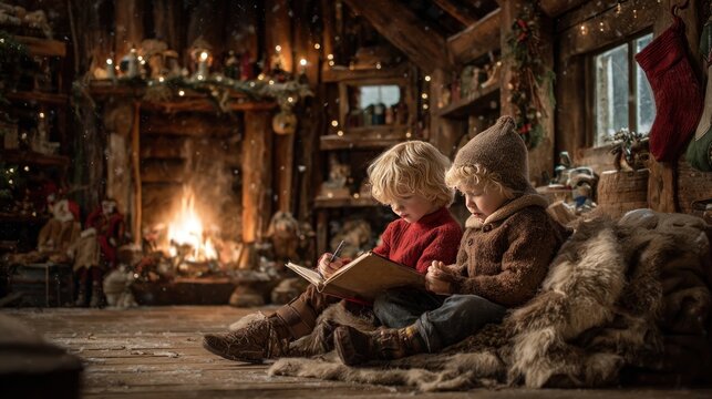 picturesque children writing to Santa in a rustic barn,