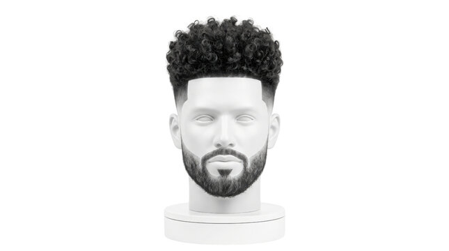 Modern afro hair style on male mannequin head, black curly hair with skin fade haircut, professional barber shop display for grooming and styling