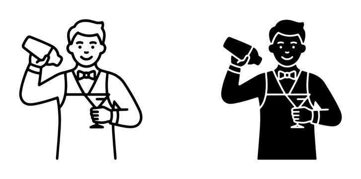 Bartender Shaking Cocktail, Line Art and Silhouette Icons. Professional Mixologist Preparing Drinks, Bar Service, Beverage Creation