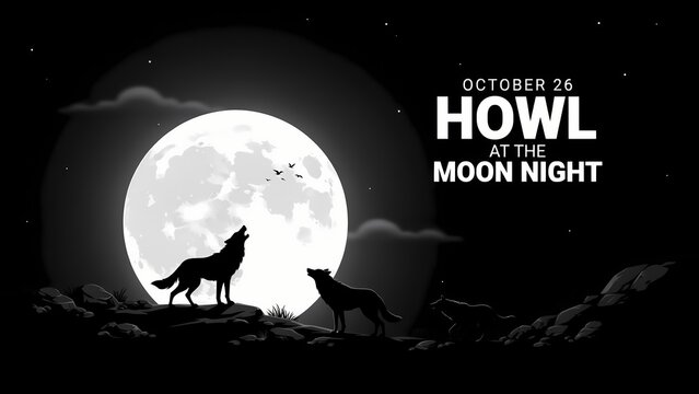 Two wolves howling at the big full moon on a dark night banner design