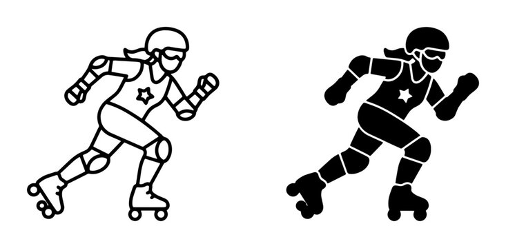Roller Derby Athlete Vector Icons: Dynamic Line Art and Silhouette of Woman Skater in Protective Gear, Action Sport Graphics