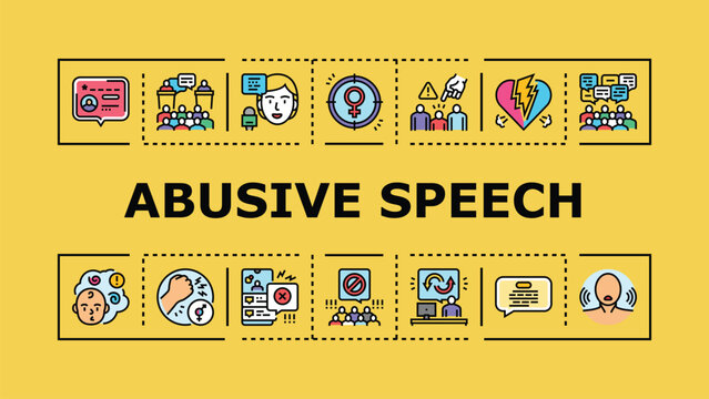 Abusive speech banner infographic. Taunt bullying, degradation profanity, insult humiliation icon vector illustration