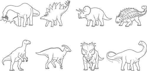 Outlined Dinosaur Illustrations Collection Featuring Sauropods, Stegosaurus, Triceratops, and Other Prehistoric Species © MdAbdur