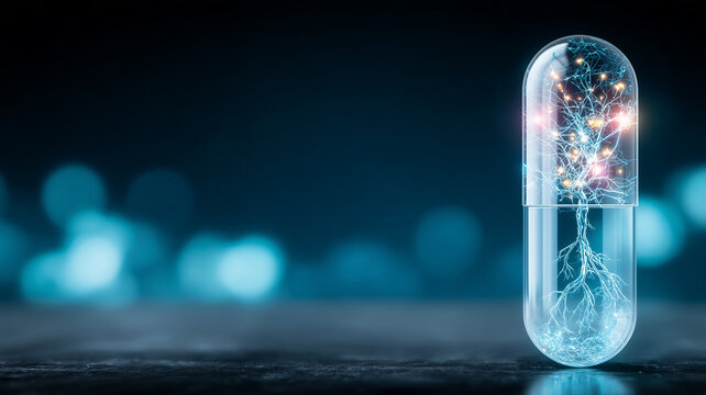 A capsule containing a neural network structure represents advanced medicine and future neuroscience based treatment.
