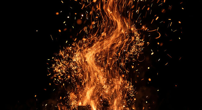 Bright orange campfire flames with glowing flying sparks