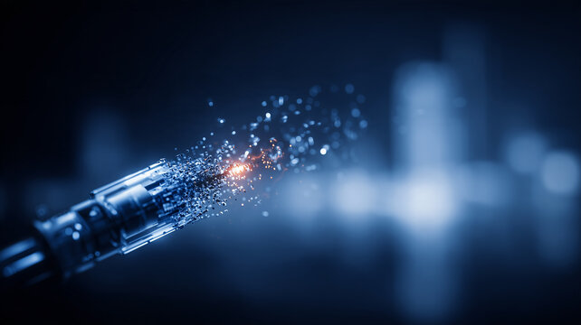 A damaged Ethernet cable breaking into particles represents network failure and disrupted digital connectivity.
