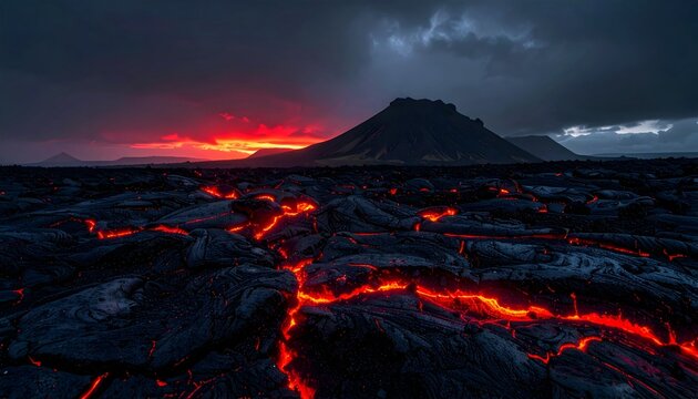 Volcanic Eruption Scene with Flowing Lava, Lava Mountain, and Dark Sky