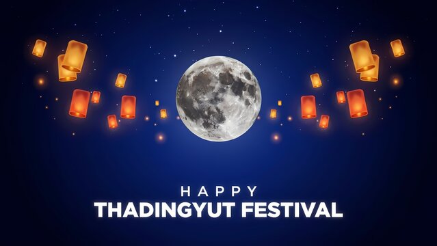 Happy thadingyut festival illustration with glowing paper lanterns and a full moon in night sky