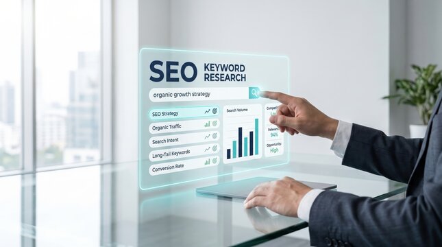 Hand touching digital screen displaying SEO keyword research for organic growth strategy in modern office