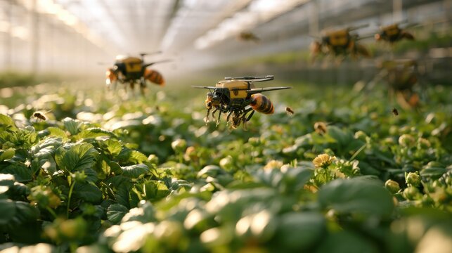 Drone bee-like robot works with natural bees to pollinate crops in a greenhouse. This showcases agricultural technology and ecosystem balance.