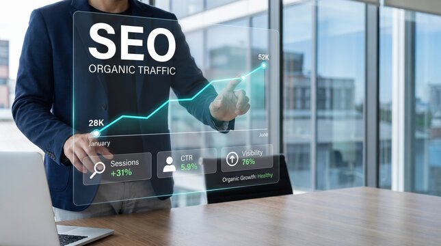 Man analyzing organic traffic growth chart for SEO and search marketing success in modern office