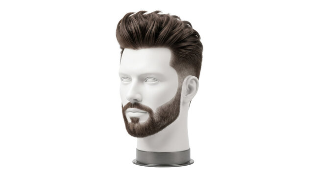 Modern pompadour hairstyle on male mannequin head, stylish mens haircut with groomed beard, professional barber shop display on white background
