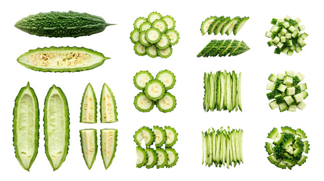 Fresh bitter melon collection, sliced and diced green bitter gourd pieces, raw organic balsam pear set isolated on white background