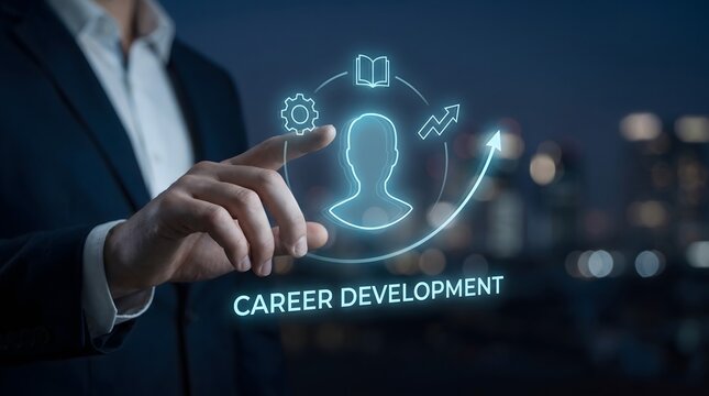 Business professional interacting with a glowing career development concept interface
