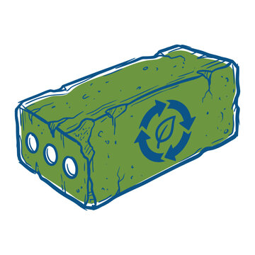Green eco brick vector illustration with leaf and recycling arrow symbol for sustainable construction and building materials