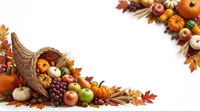 Thanksgiving cornucopia with autumn harvest isolated on white background