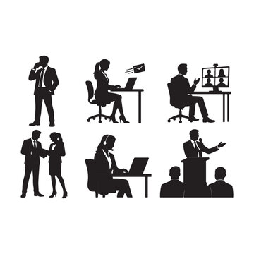 Business Communication Silhouette Collection Vector, Corporate Professionals, Online Meeting, Presentation and Teamwork.
