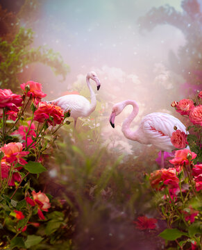 Pink flamingo couple in fantasy tropical jungle forest. Two birds, roses flowers, ferns and greenery in misty fairy tale rainforest, mysterious floral vertical background, mystic nature landscape.