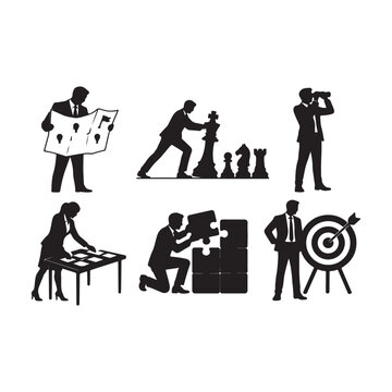 Business Strategy and Problem Solving Silhouette Collection Vector, Planning, Teamwork, Puzzle, Target and Chess.