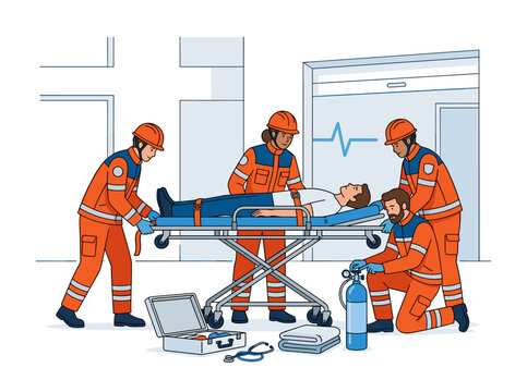 Vector flat design ilustration showing paramedics rescuing patient on stretcher