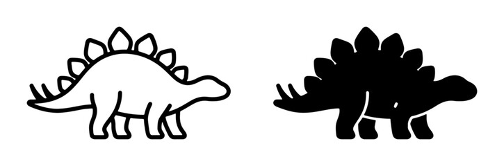Stegosaurus Dinosaur Icons, Outline and Silhouette Vector Graphics, Prehistoric Reptile Art for Kids and Education © Sarafat