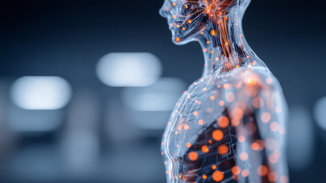 A transparent human body showing illuminated neural pathways representing nervous system activity and medical research.
