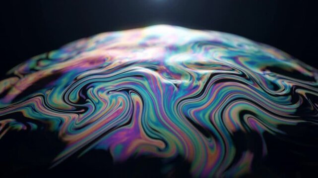 A macro 3D render of a captivating iridescent soap-bubble-like membrane, rippling and undulating with vibrant colors against a dark background, showcasing fluidity and light.