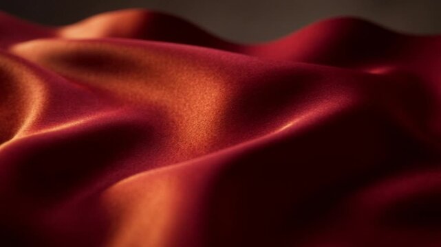 A macro close-up of deep red silk fabric elegantly rippling and billowing gently under soft light, showcasing its luxurious texture and fluid movement.