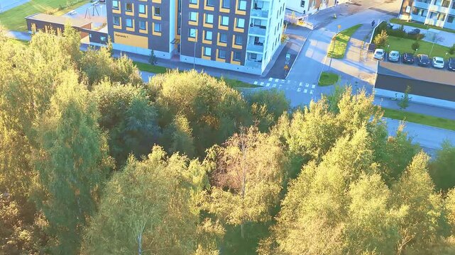 Drone flying up and revealing a city behind trees, H&auml;meenlinna, Finland