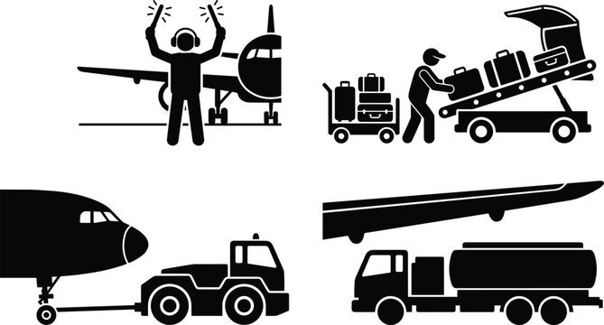 Airport ground crew and airfield operations vector silhouette icon set featuring aircraft marshaller, baggage loading conveyor belt loader, nose pushback tractor tug, and fuel tanker truck under wing.