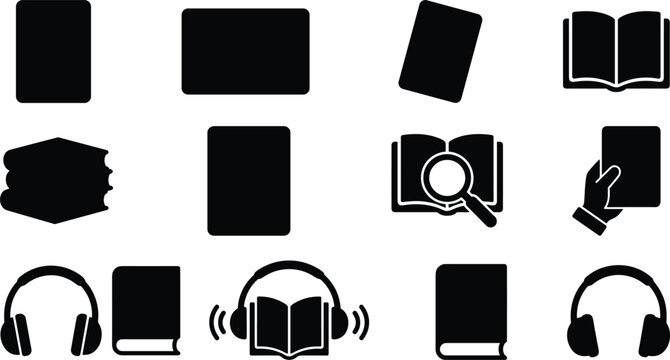 Collection of digital reading icons featuring book silhouettes headphones for audiobooks magnifying glass search function and electronic reader devices for modern education