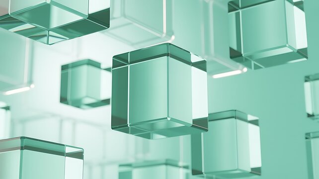 Abstract background with floating translucent glass cubes in mint green