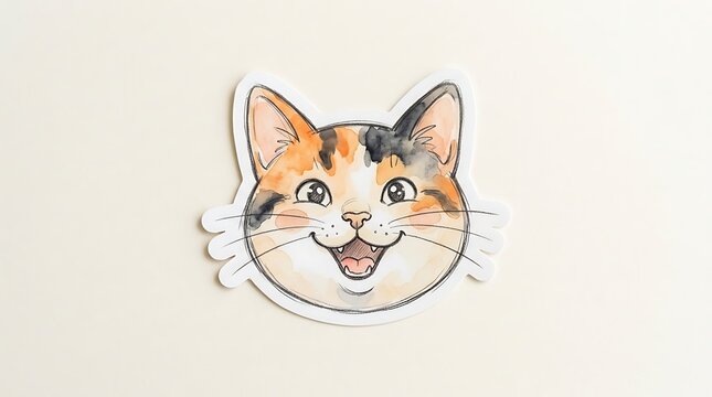 Watercolor Illustration of a Happy Smiling Calico Cat Head Sticker Isolated on a Neutral Background