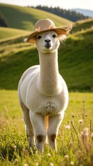 Obraz premium Fluffy Alpaca Wearing a Wheat Straw Hat
