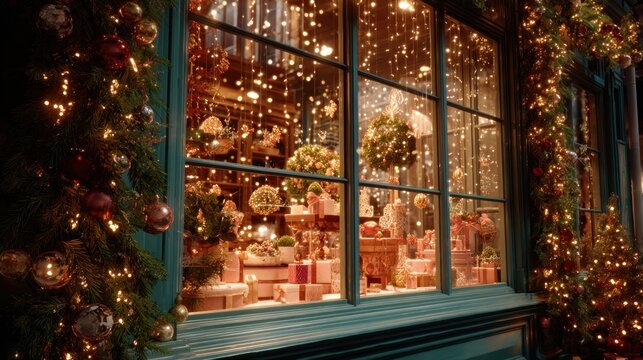 picturesque festive window display with twinkling lights,