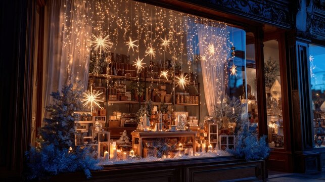 picturesque festive window display with twinkling lights,