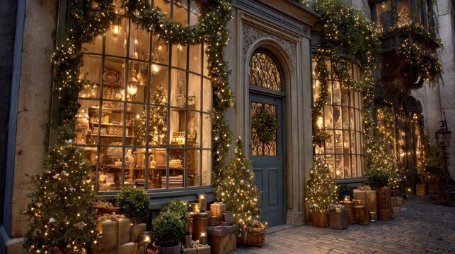 picturesque festive window display with twinkling lights,