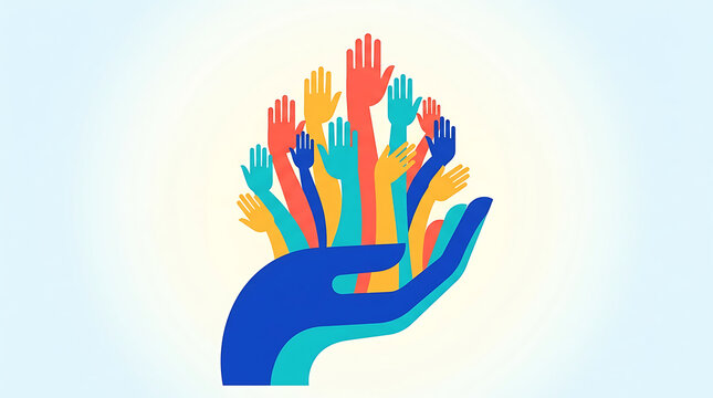 Colorful hands reaching up from a large helping hand icon