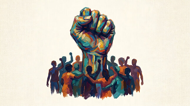 Pixel art raised fist over a crowd of people representing unity
