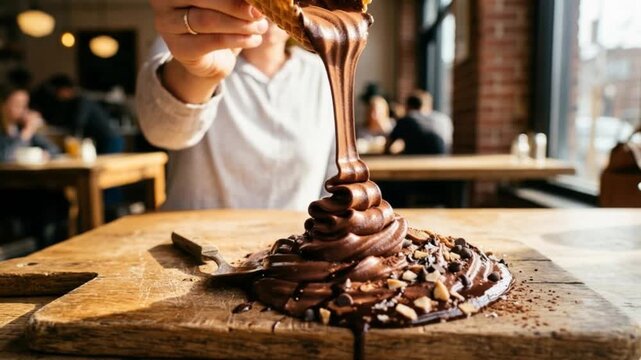 Hand holding a melting chocolate frozen yogurt waffle cone, cascading decadently onto a rustic wooden board in a vibrant, sunlit cafe environment.